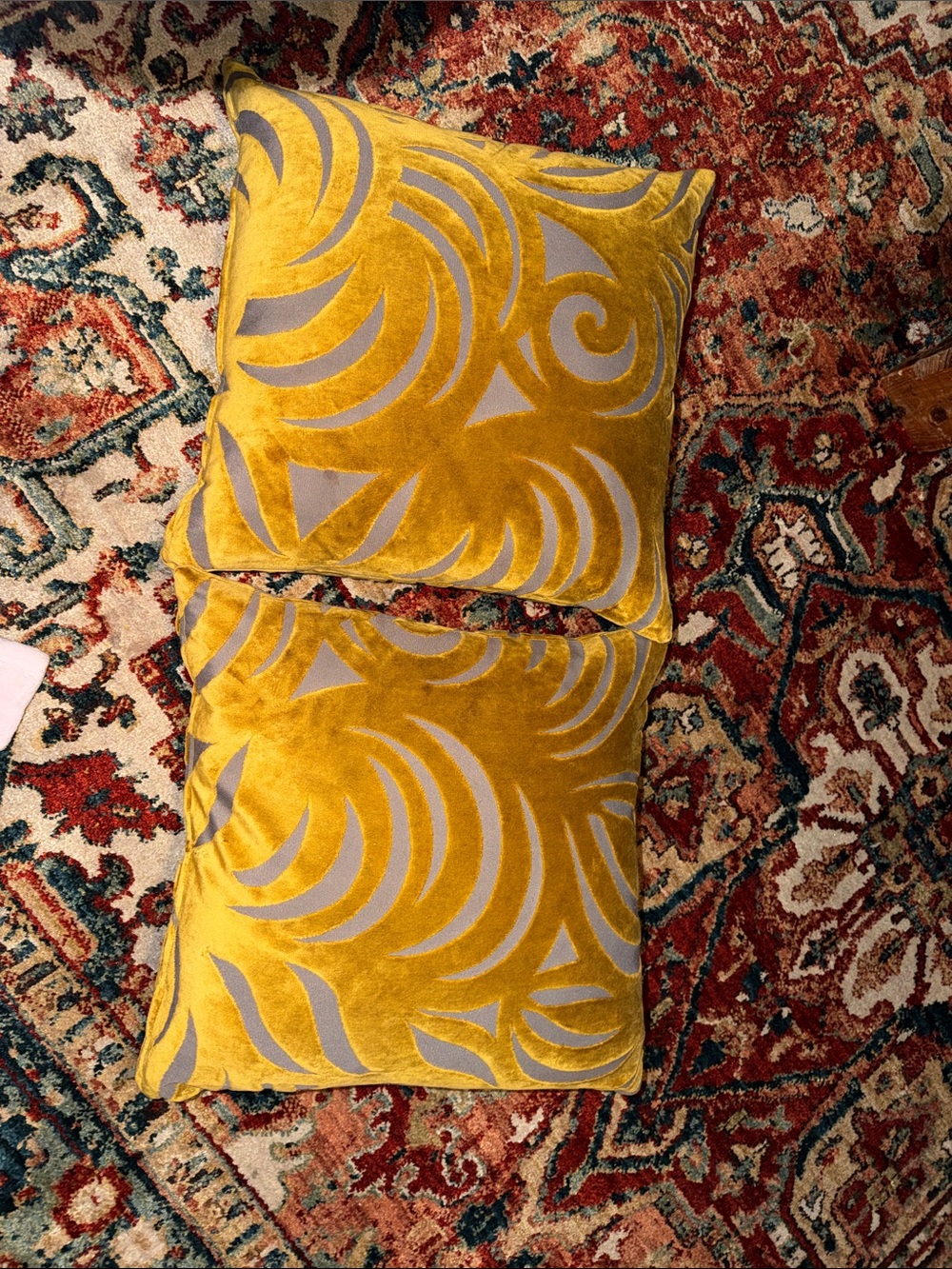 Source Unknown Mustard Yellow Velvet Accent Pillow Pair with Taupe Cutout Design